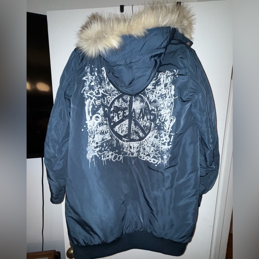 Zara Blue Trench Coat with Fur Hood